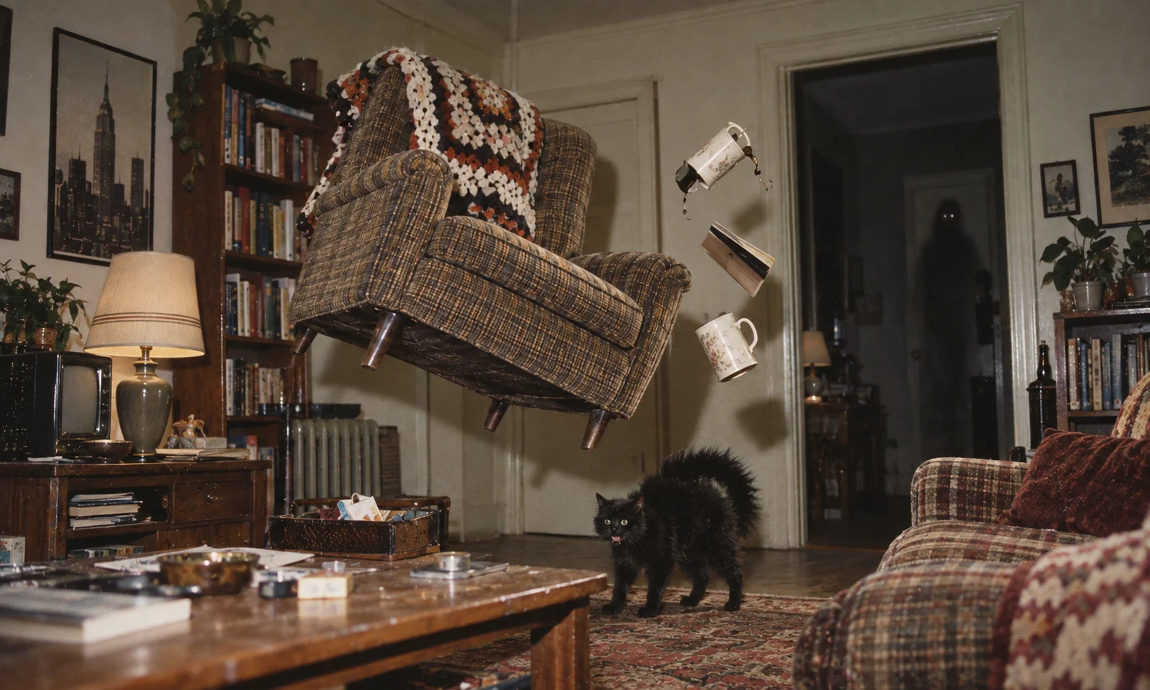 Un fauteuil et des tasses lévitent dans un appartement, devant un chat effrayé et une apparition dans la porte.